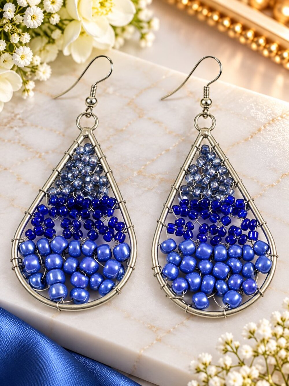 Blue Beaded Teardrop Dangle Earrings Silver Tone Women's Statement Jewelry 2.75"
